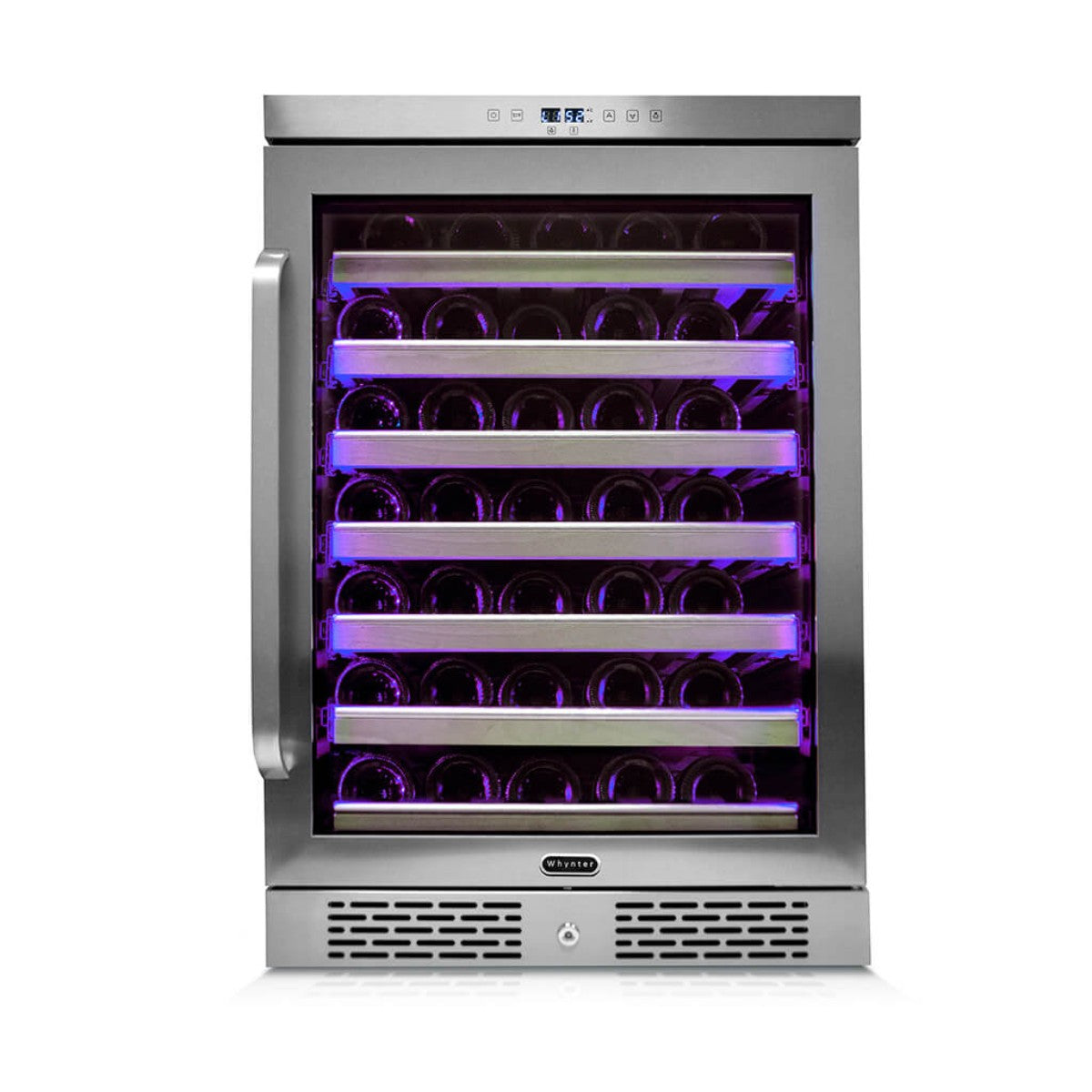 Whynter BWR-545XS 54-Bottle Built-In Wine Refrigerator - Front view loaded shelves closed door - violet lighting