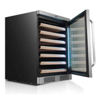 Whynter BWR-545XS 54-Bottle Built-In Wine Refrigerator - front right view empty shelves open door with white lighting