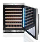 Whynter BWR-545XS 54-Bottle Built-In Wine Refrigerator - front view empty shelves open door with white lighting