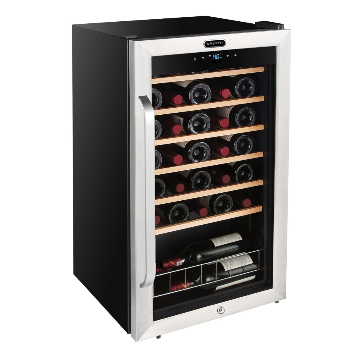 Whynter FWC-341TS 34-Bottle Freestanding Wine Refrigerator - front left view loaded fridge closed door