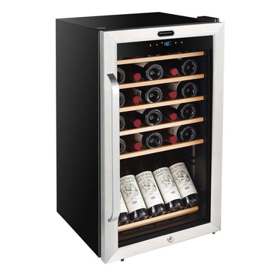 Whynter FWC-341TS 34-Bottle Freestanding Wine Refrigerator - front left view loaded fridge with wine display