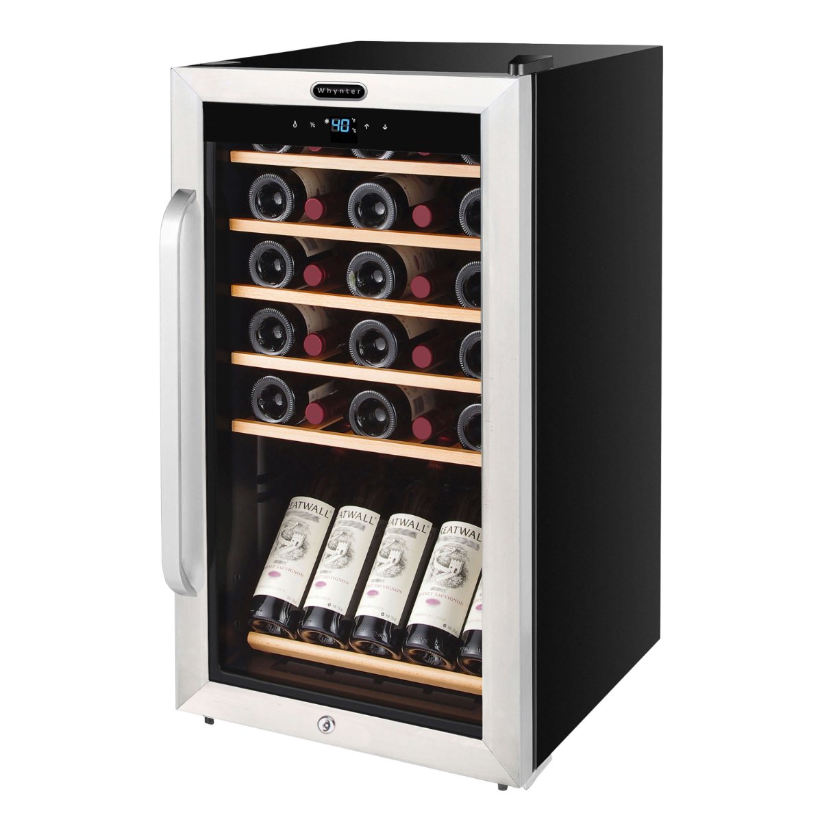 Whynter FWC-341TS 34-Bottle Freestanding Wine Refrigerator - front right view loaded fridge with wine display closed door