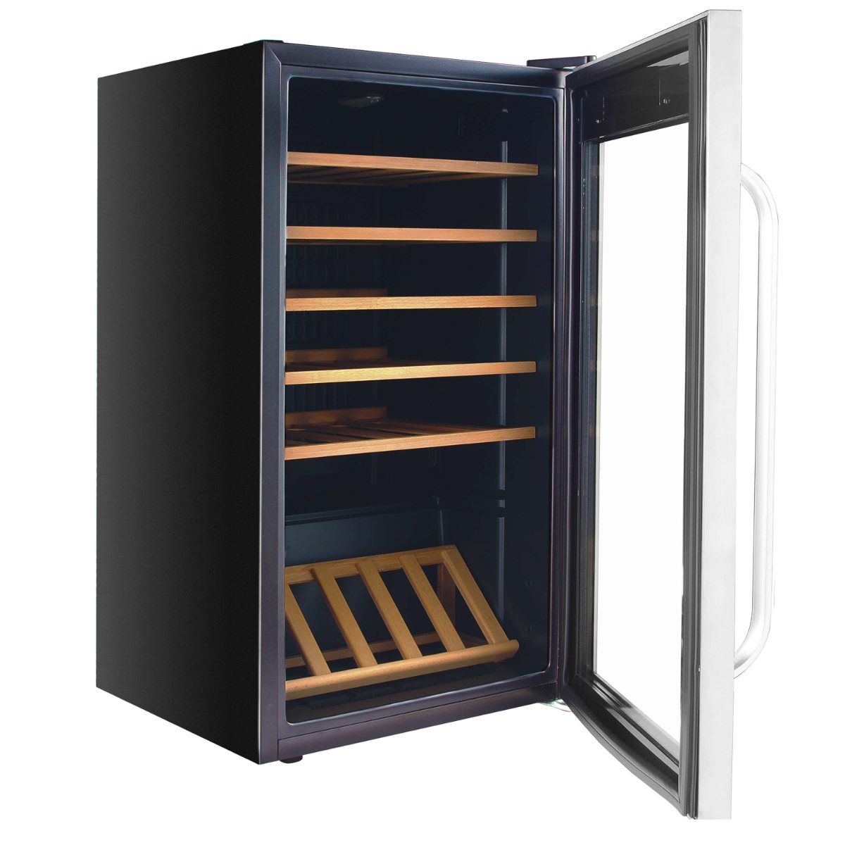 Whynter FWC-341TS 34-Bottle Freestanding Wine Refrigerator - front view empty fridge open door