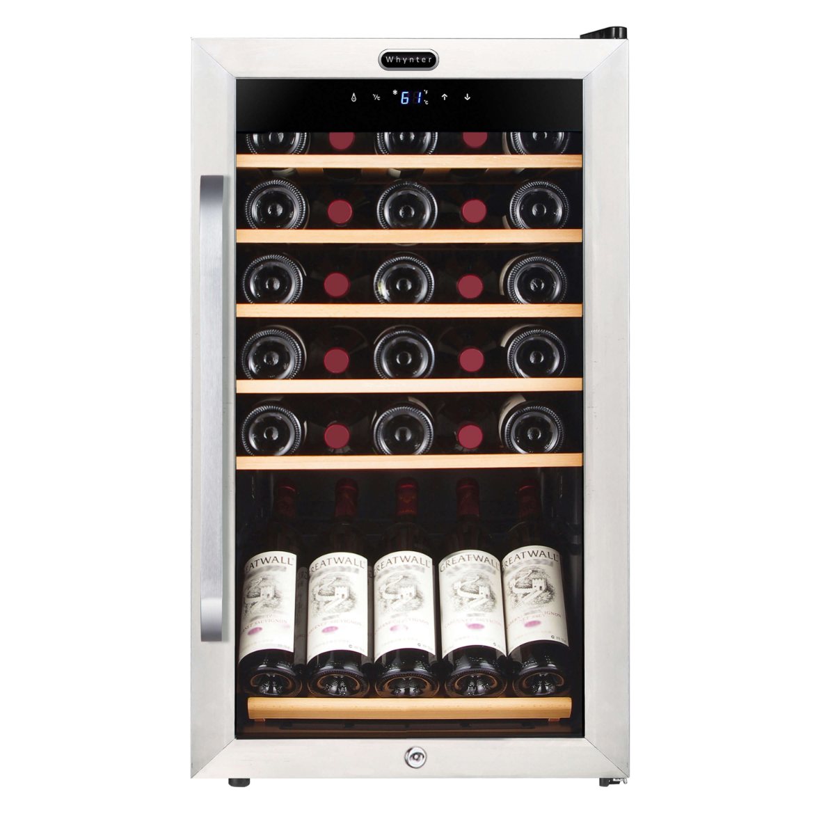 Whynter FWC-341TS 34-Bottle Freestanding Wine Refrigerator - front view loaded fridge with wine display closed door