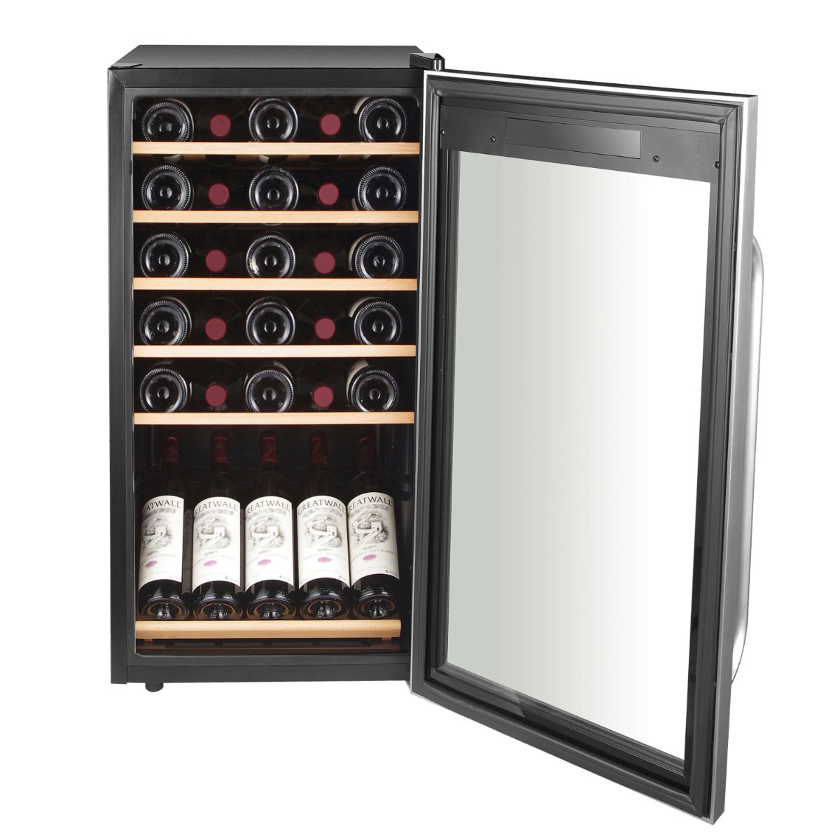 Whynter FWC-341TS 34-Bottle Freestanding Wine Refrigerator - front view loaded fridge with wine display open door