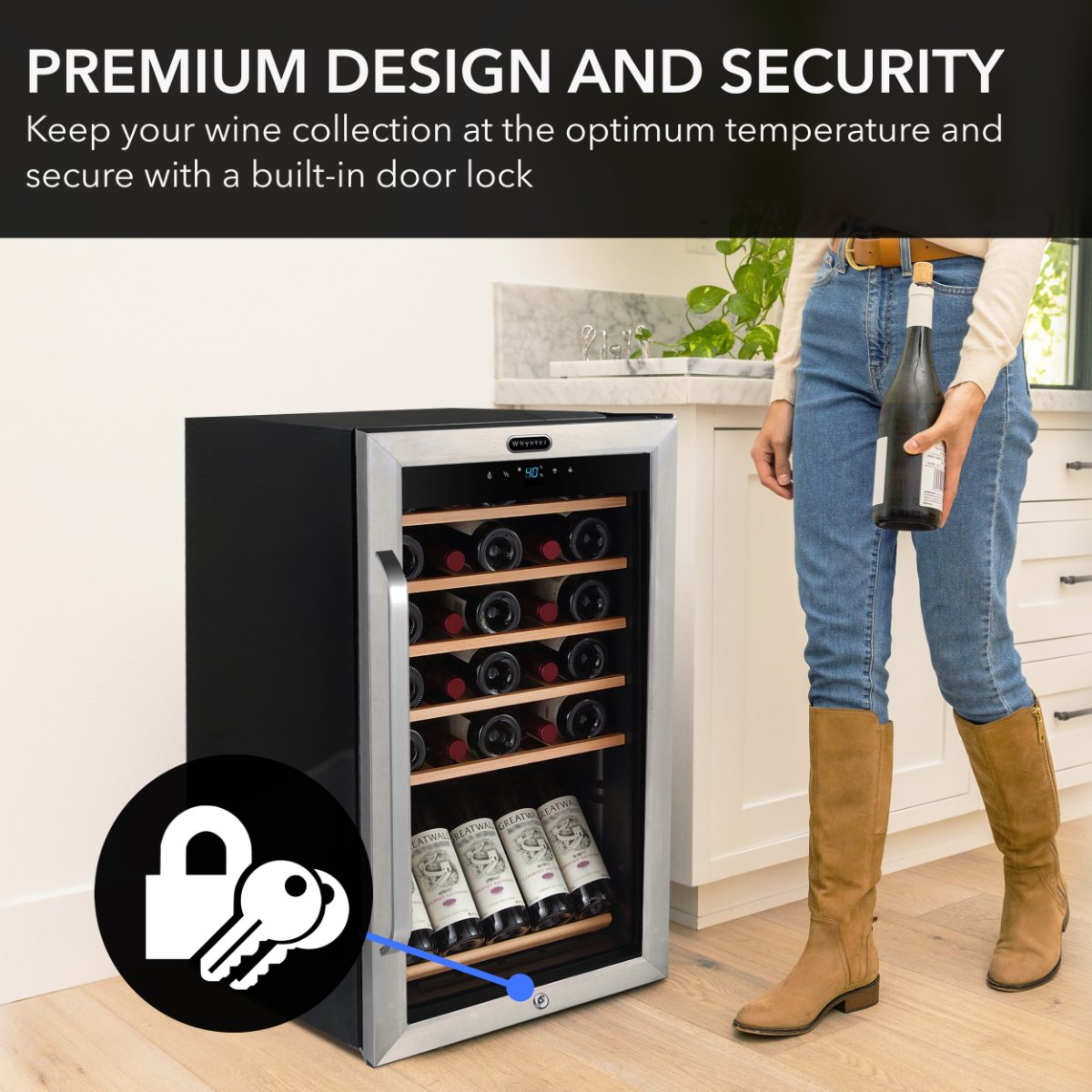 Whynter FWC-341TS 34-Bottle Freestanding Wine Refrigerator - premium design and security with door lock shown