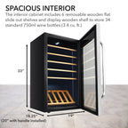 Whynter FWC-341TS 34-Bottle Freestanding Wine Refrigerator - spacious interior dimensions shown