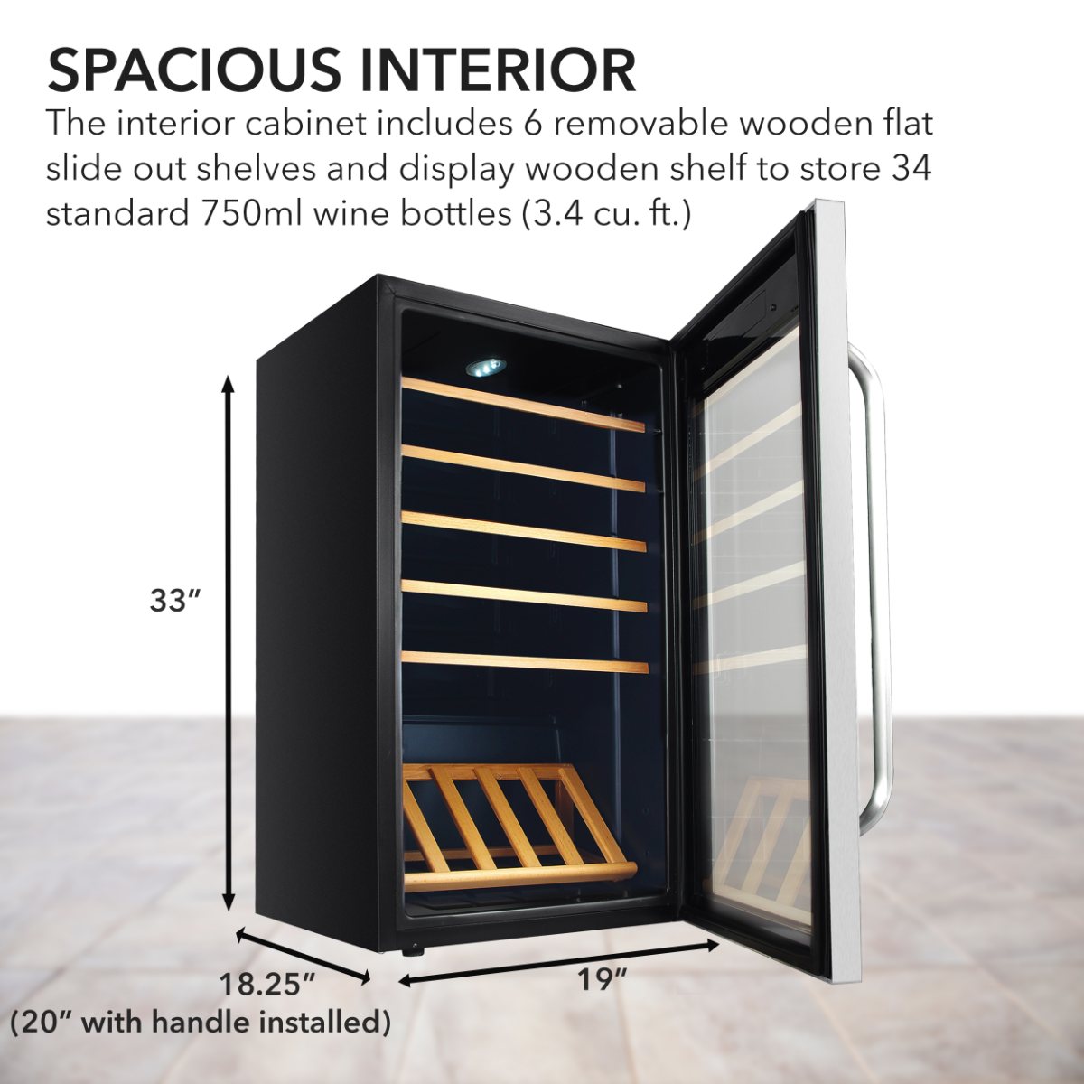 Whynter FWC-341TS 34-Bottle Freestanding Wine Refrigerator - spacious interior dimensions shown