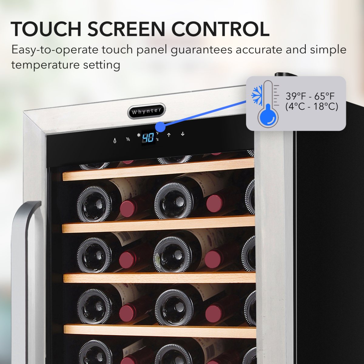 Whynter FWC-341TS 34-Bottle Freestanding Wine Refrigerator - touch screen control shown