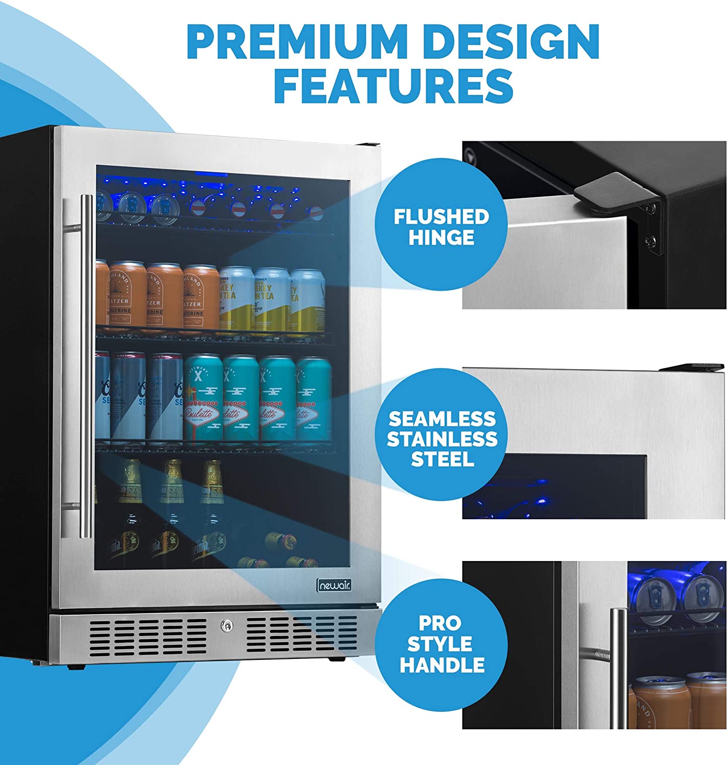 NewAir 24” Built-in Premium 224 Can Beverage Fridge with Color Changing LED Lights