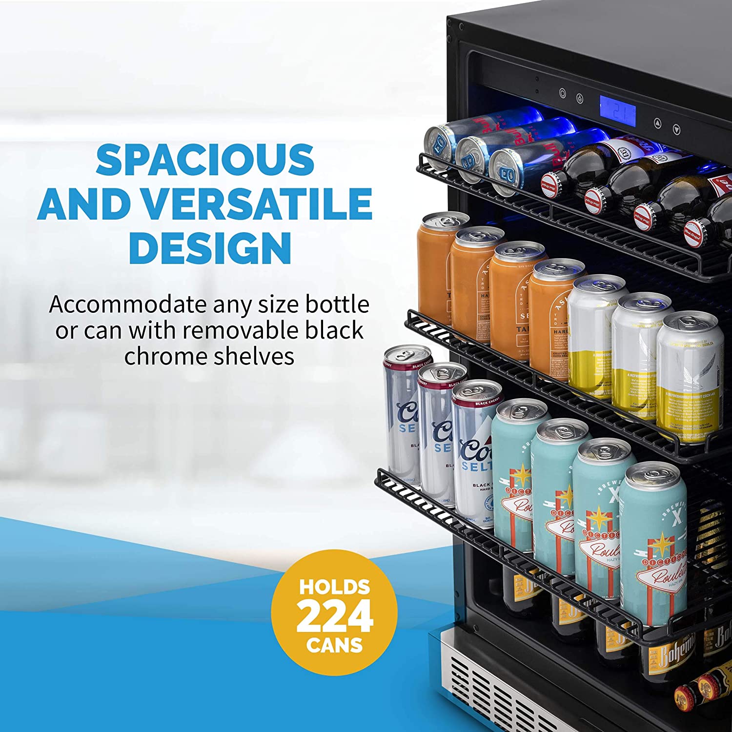 NewAir 24” Built-in Premium 224 Can Beverage Fridge with Color Changing LED Lights