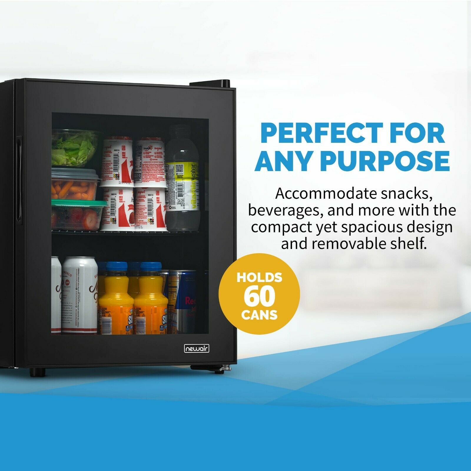 NewAir 60 Can Beverage Fridge with Glass Door, Small Freestanding Mini Fridge in Black